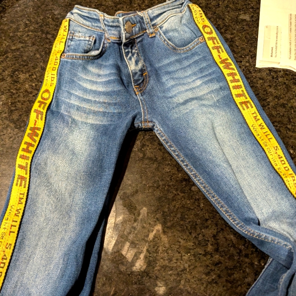 Off-White Kids Blue Jeans with Yellow Side Stripes